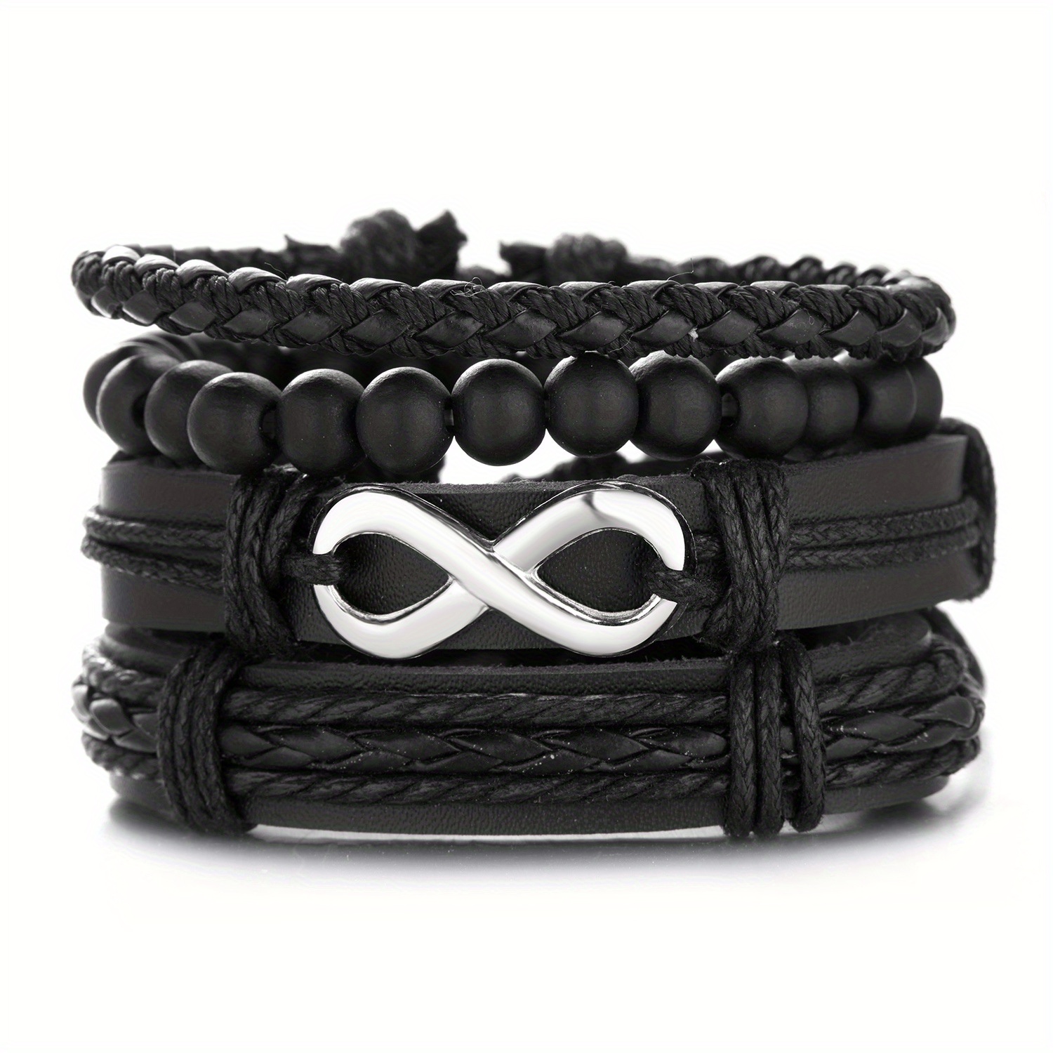 Men's Beaded Leather Combination Bracelet Set
